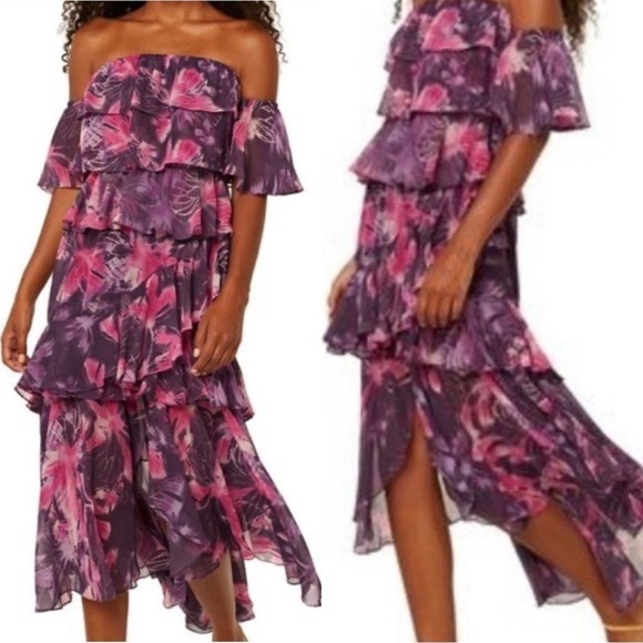 Misa Los Angeles Dalia Purple Floral Off Shoulder Midi Dress Small - Picture 1 of 4